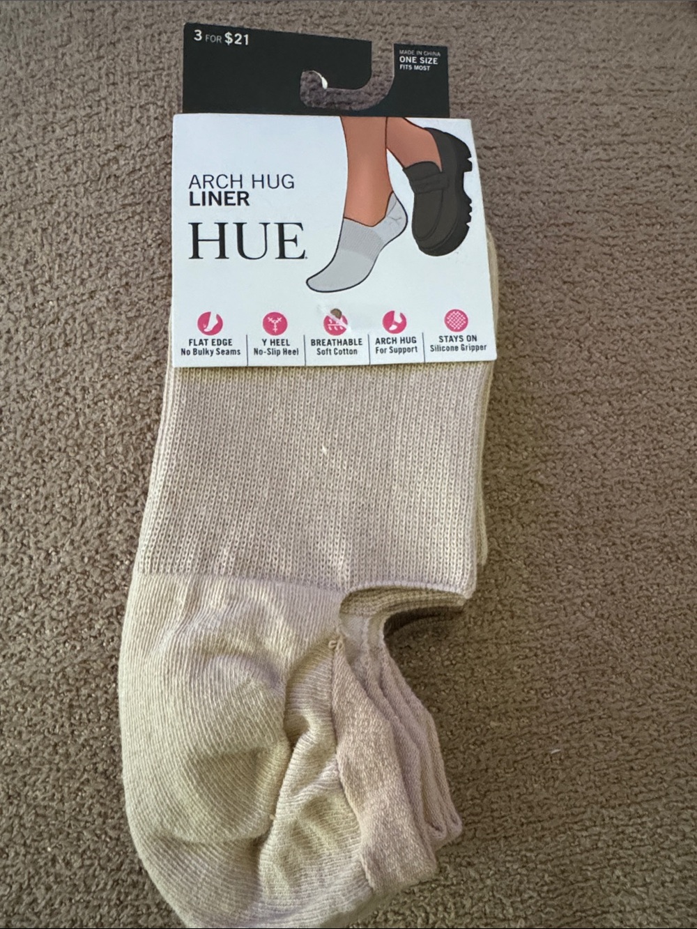 HUE Arch Hug Liner Socks - 3 Pack Beige/Cream